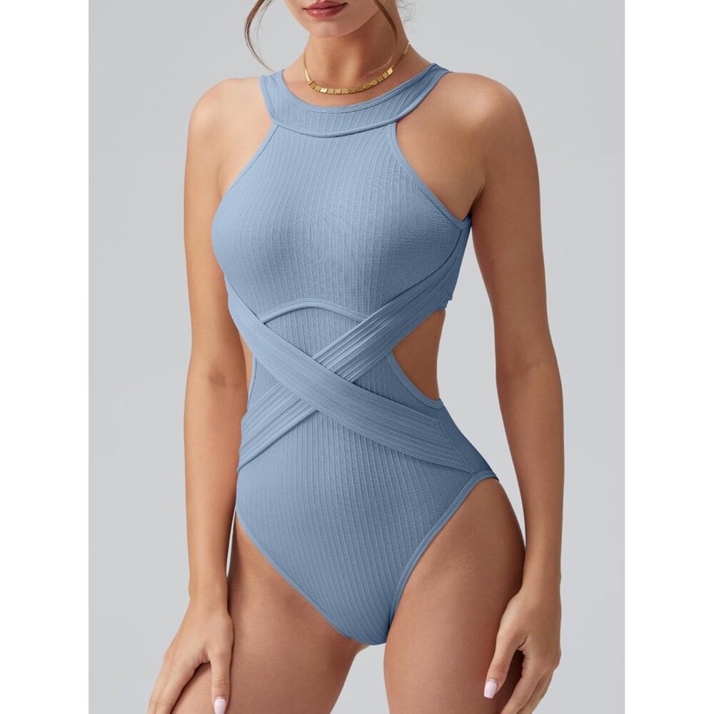 OQQ One Piece Swimsuit Tummy Control Cross Bathing Suit Haze Blue SMALL